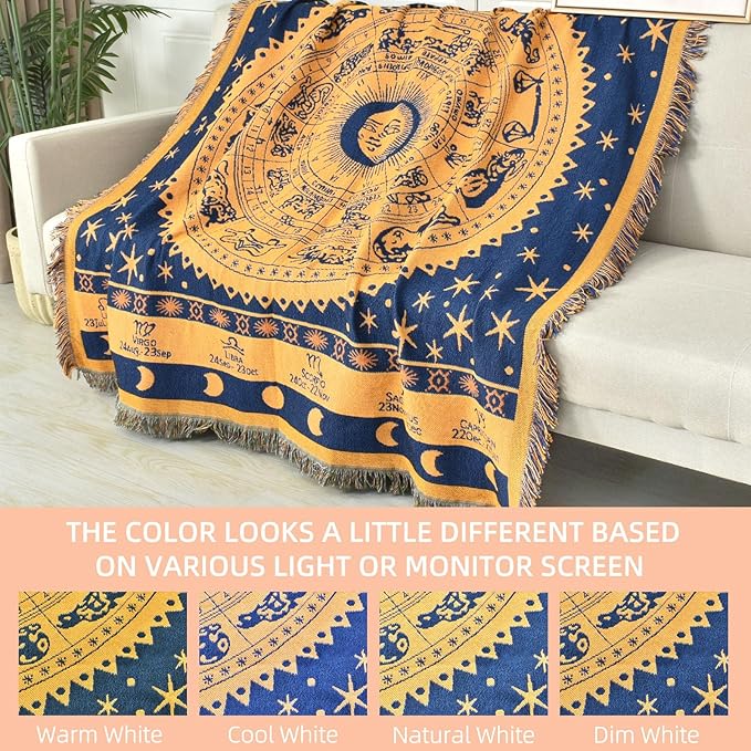 Boho Throw Blanket Reversible Cotton Bohemian Tapestry Hippie Room Decor Outdoor Blanket Double Sided (Boho Horoscope 50"x60")