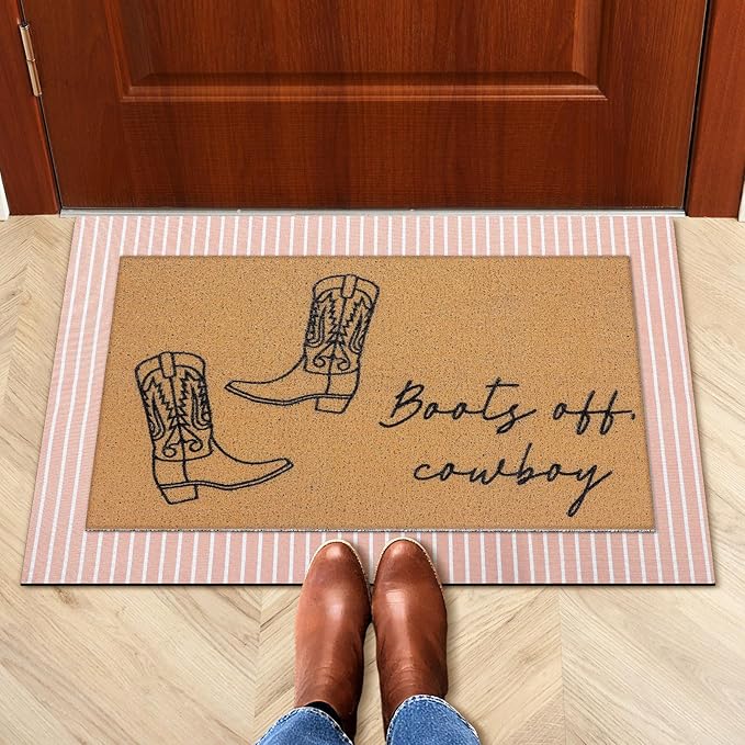 2 Pcs Fall Door Mat Western Cowboy Welcome Non Slip Coir Mats Pink Stripe Floor Layering Doormats Seasonal for Front Porch Entryway Decor(Cowboy)