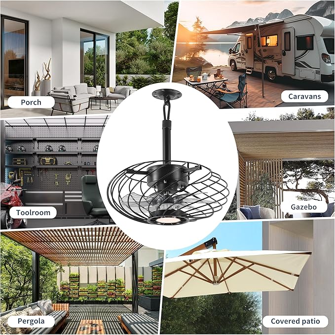 15" Outdoor Ceiling Fan with Light, Waterproof Gazebo Fan Remote Control, Dimmable LED Light, Hanging Black Caged Ceiling Fixtures with Plug in Cord for Patios Pergola