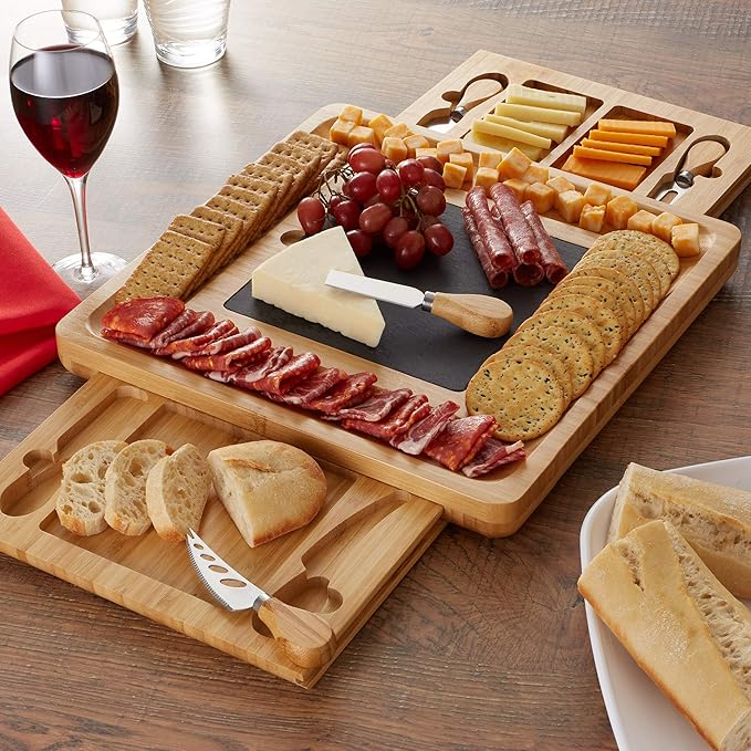 Casafield Charcuterie Board Gift Set, Bamboo Cheese Board with Slate Cheese Plate and Knives, Wooden Serving Platter for Housewarming, Wedding, Birthday