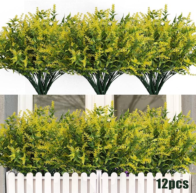 RECUTMS 12 Bundles Artificial Flowers Outdoor UV Resistant Outdoors Fake Plants Faux Plastic Flower in Bulk for Hanging Planters Outside Porch Vase Home Window Decoration,Spring Decorations(Yellow)