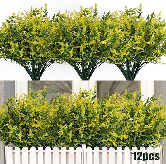 RECUTMS 12 Bundles Artificial Flowers Outdoor UV Resistant Outdoors Fake Plants Faux Plastic Flower in Bulk for Hanging Planters Outside Porch Vase Home Window Decoration,Spring Decorations(Yellow)