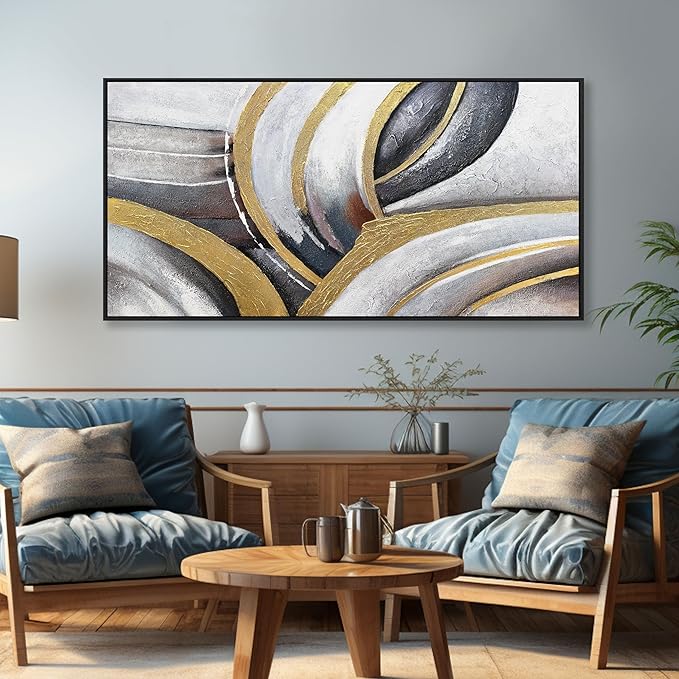 Framed Abstract Wall Art Black White and Gold Abstract Painting Canvas Wall Artwork Modern Home Wall Decor for Living Room Bedroom Office 24"x48"