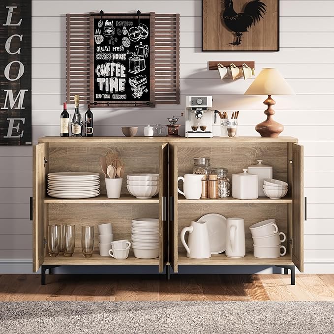 Sideboard - Kitchen Buffet Cabinet with Rattan Decorated Doors, Accent Cabinets with Doors, Coffee Bar Cabinets Rattan Sideboard Buffet Cabinet with Storage (Natural with 4 Doors)