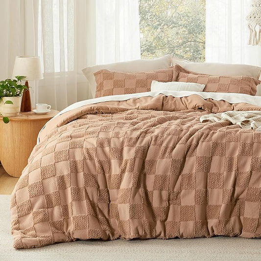 Bedsure Queen Size Comforter Set Taupe, Boho Tufted Bed Set, Checkered Farmhouse Shabby Chic Bedding, 3 Pieces, 1 Plaid Geometric Comforter and 2 Pillow Shams