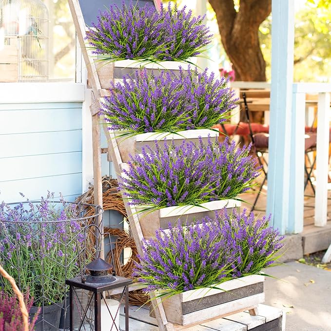 N&T NIETING Artificial Plants Outdoor, 20 Bundles Fake Monkey Grass with Spring Flowers, UV Resistant Faux Plants for Garden Window Office Patio Hanging Planter Pathway Front Porch Home(Purple)