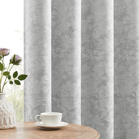 Beauoop Grey Floral Jacquard Blackout Curtains 108 Inches Long 2 Panels for Bedroom Living Room Gray Flower Chenille Room Darkening Thermal Soundproof Grommet Window Treatments Drapes, 52x108