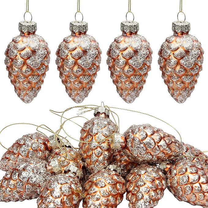 Watayo 12 Pcs Christmas Pinecone Glass Ornaments- Fall Hanging Pine Cone Painted Glass Ornaments- Glitter Pinecone Christmas Ornament for Xmas Tree DIY Crafts Fall Thanksgiving Day Decoration