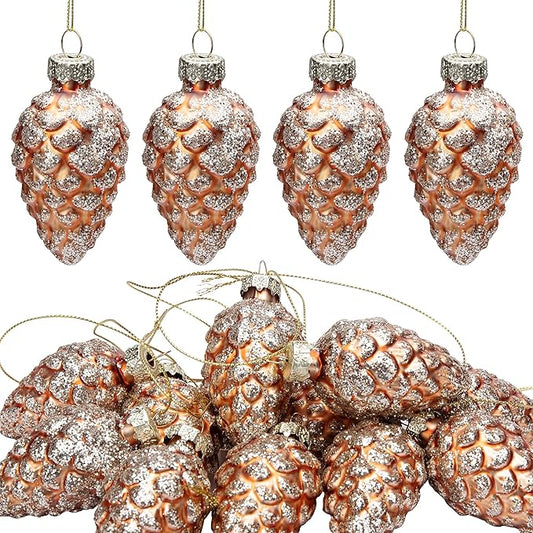 Watayo 12 Pcs Christmas Pinecone Glass Ornaments- Fall Hanging Pine Cone Painted Glass Ornaments- Glitter Pinecone Christmas Ornament for Xmas Tree DIY Crafts Fall Thanksgiving Day Decoration