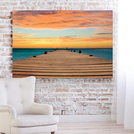 Renditions Gallery Nature Wall Art Pictures & Prints Ocean Dock View of Orange Sundown Canvas Hanging Artwork for Bedroom Office Kitchen Wall Decor - 32"X48" LT08
