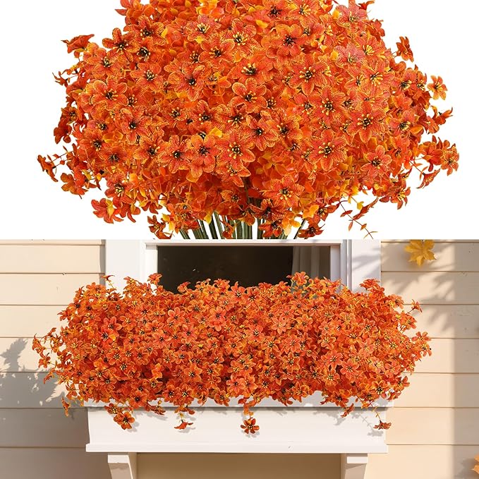 SHareconn 40 Bundles Artificial Fall Flowers for Outdoors Decoration, Fake Silk Daisy Realistic Faux Plants UV Resistant for Planter Home Porch Patio Autumn Indoor Outside Decor, Sunset Red Orange