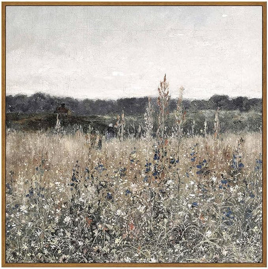 InSimSea Square Framed Canvas Wall Art, Scenery Field Home Decor, Vintage Meadow Flowers Wall Art Prints, Retro Nature Floral Wall Decor for Living Room Bedroom Home Bathroom 20"x20"