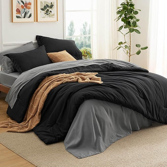 Bedsure Twin Comforter Set - 5 Pieces Black Twin Bedding Set for All Seasons, Boho Contrasting Design Bed in a Bag with Comforter, Sheets, Pillowcase & Sham