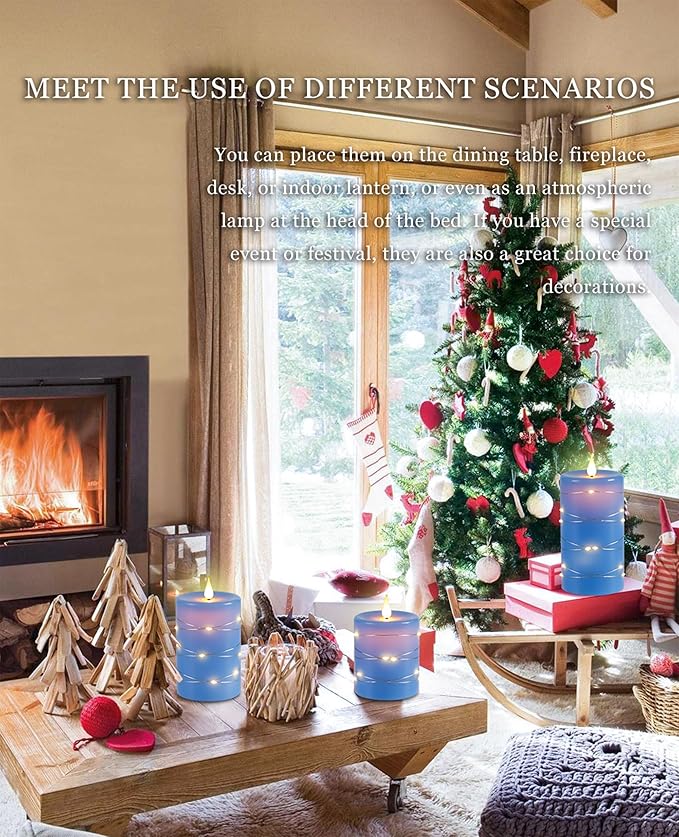 Da by Flameless Candles with String Lights，Battery Operated Candles,LED Flickering Candles with Remote Control and Timer, Real Wax, 3 Pack-Blue