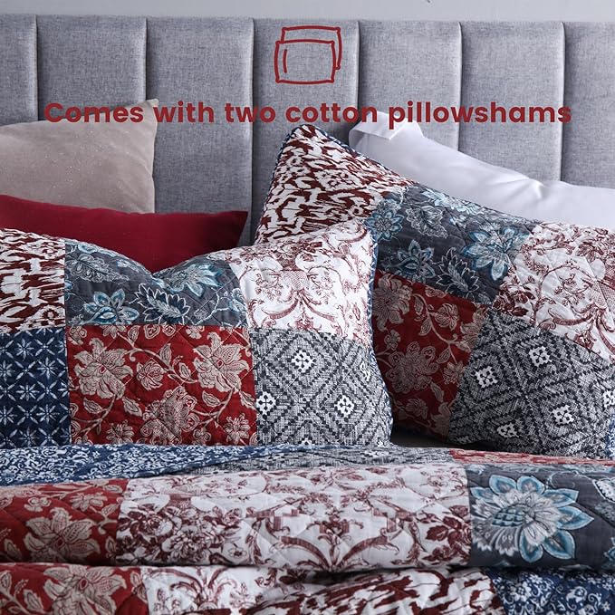 Secgo Queen Comforter Set for Bed - 100% Cotton Quilts Queen Size, Burgundy Bedspreads (90 * 98 Inch) with 2 Pillow Shams, Patchwork Reversible Lightweight Bedding