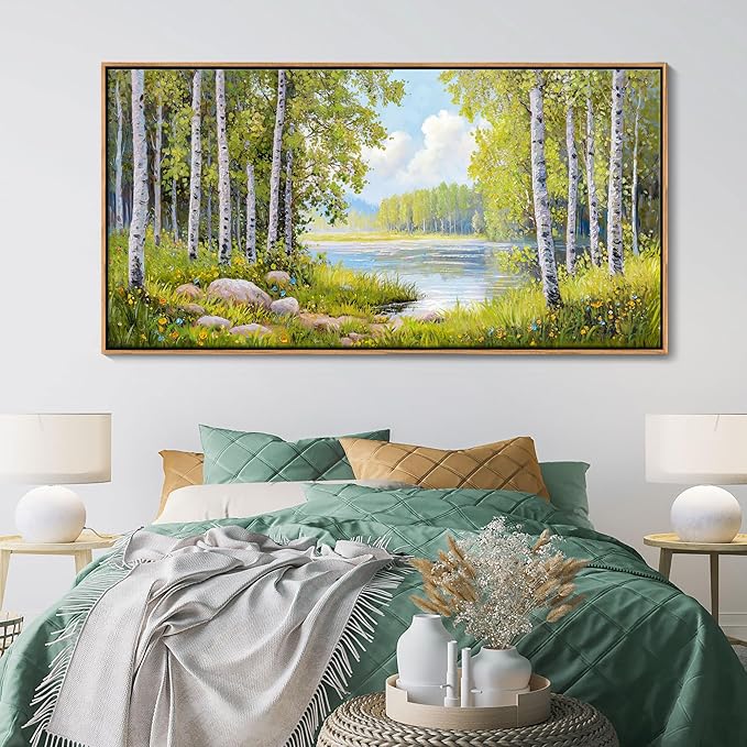 Forest & Mountain Wall Art Green Framed Nature Landscape Pictures for Living Room, Bedroom & Office Large Paintings Wall Decor Tree, Lake, and Mountain Artwork for Wall Decor 29x58IN