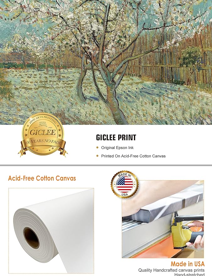 DECORARTS - The Pink Peach Tree, Vincent Van Gogh Art Reproduction. Giclee Canvas Prints Wall Art for Home Decor 20x16