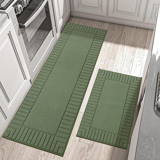 BEQHAUSE-Kitchen-Rugs-Non-Slip-Kitchen-Mats-for-Floor Machine Washable Kitchen Rugs 2 Pieces Kitchen Carpet Runner with TPR Backing,Green,24x35inch/24x60inch