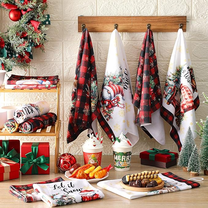 12 Pcs Christmas Kitchen Towels and Dishcloths Absorbent Christmas Tree Reindeer Truck Hand Dish Towels Decoration for Xmas Home Gift Supplies, 14.2 x 21.3 Inch(Fresh Style)