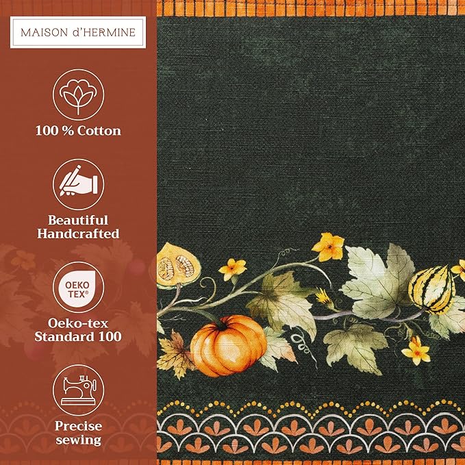 Maison d' Hermine Placemats Set of 4 100% Cotton Washable Cloth Place Mats, Reusable Table Mats for Kitchen Dining Decoration, Party, Wedding, Restaurant (Pumpkin Garden - Dark Green, 13" x 19")
