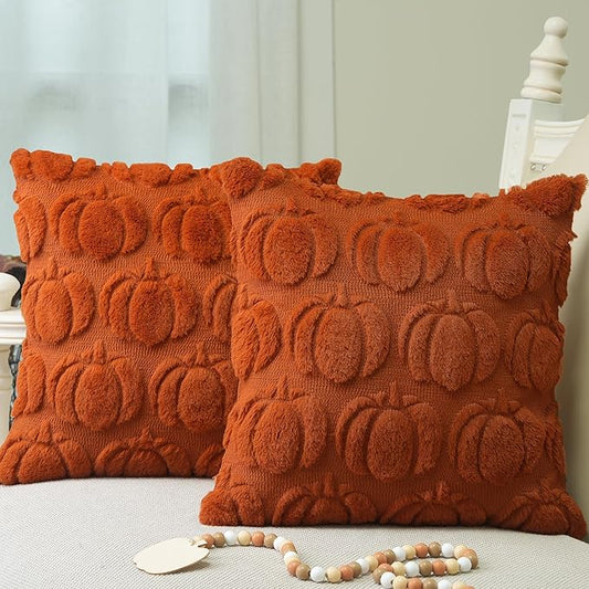GEEORY Fall Pumpkins Soft Plush Pillow Covers, 20 x 20 Inch Set of 2, Fluffy Faux Fur Wool Decorative Farmhouse Cushion Case for Sofa Home Decoration Rust Pumpkin GC019-20