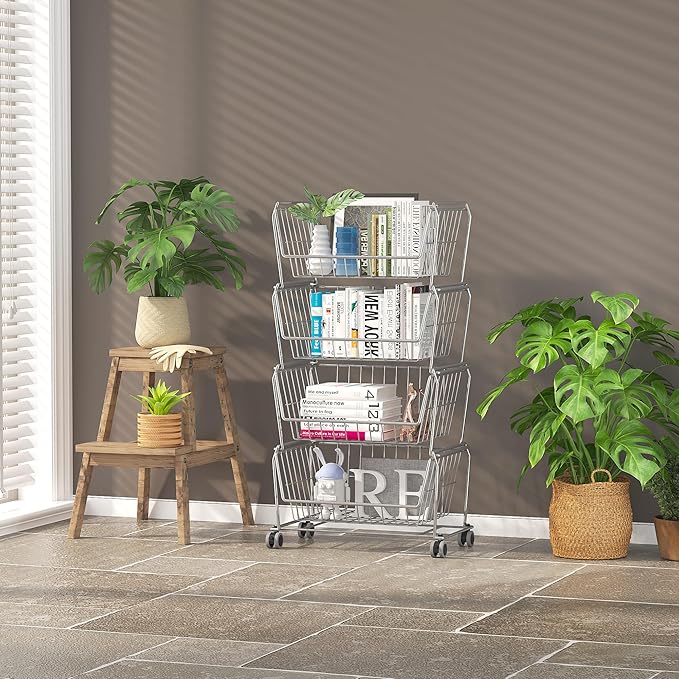 PUSDON Stackable Metal Storage Carts, Dual Use Shelf for Kitchen Fruit Vegetable Baskets with Wheels, Storage Rack for Living Room, Home & Office, Standard Silver Grey 4 Tiers