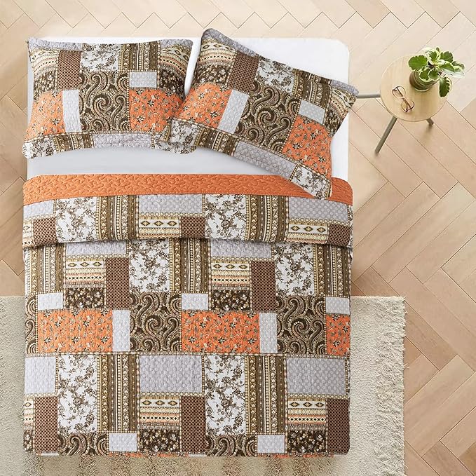 VAPUTAR Quilts Queen Size - Fall Cotton Quilt Set Quilted Bedspread Coverlet Lightweighet Bedding Set with Shams for All Season, 3 Piece Boho Patchwork Quitled Bedspread Queen Size (Dream Orange)