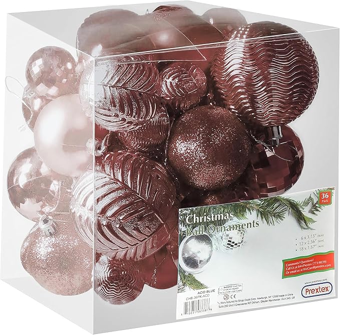 PREXTEX 36-Piece Rose Gold Christmas Ornaments Set - Shatterproof Tree Balls in 6 Styles and 3 Sizes with Hanging Loops to Decorate Christmas Tree - Ideal for Indoor and Outdoor Holiday Decor