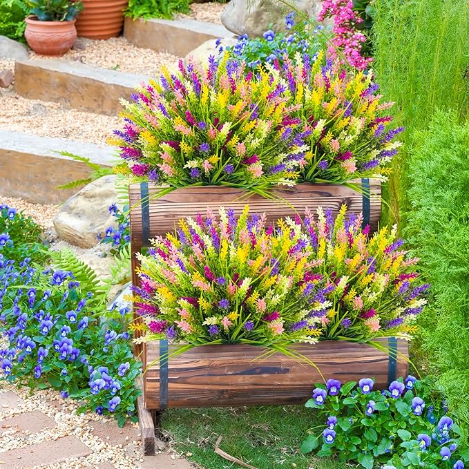 N&T NIETING 20 Bundles Artificial Plants Outdoor Fake Monkey Grass with Flowers for Pot Garden Verandah Decor for Window Garden Office Patio Hanging Planter Pathway Front Porch (Mix Color)