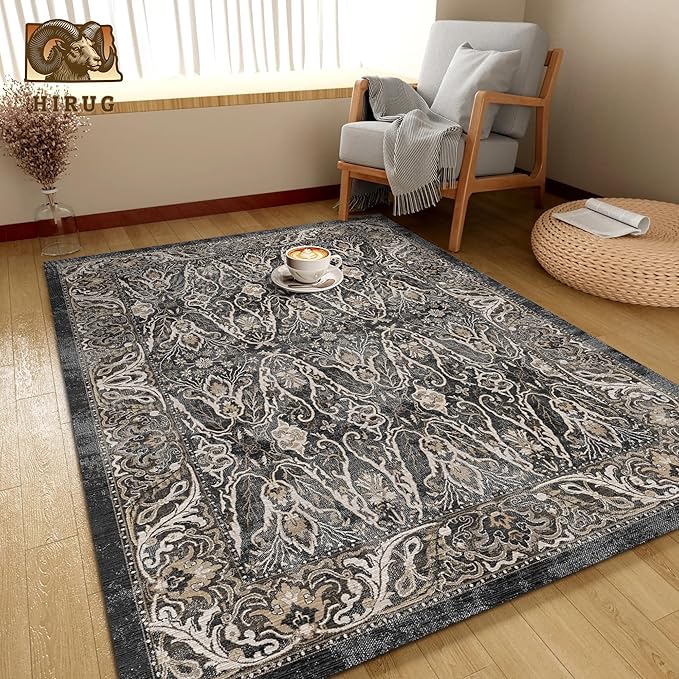 Washable Area Rug 3' x 5 ' Vintage Traditional Persian Mat - Foldable Distressed Non-Slip Machine Washable Carpet for Living Room Bedroom Kitchen Home Decor - Ebony and Taupe