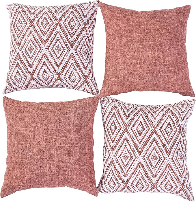 HPUK Decorative Throw Pillow Covers Set of 4 Geometric Design Linen Cushion Cover for Couch Sofa Living Room, 18"x18" inches, Coral