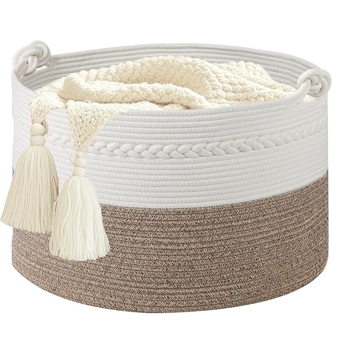 Laundry Basket,20''x13''Woven Cotton Rope Laundry Hamper,Blanket Basket for Living Room;Toy storage;Woven basket;Nursery Storage Bin,Nursery hamper,Boho Room Decor (White+Brown)