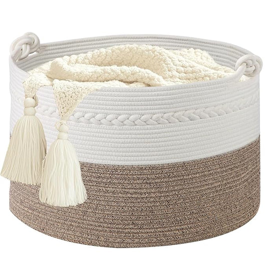 Laundry Basket,20''x13''Woven Cotton Rope Laundry Hamper,Blanket Basket for Living Room;Toy storage;Woven basket;Nursery Storage Bin,Nursery hamper,Boho Room Decor (White+Brown)