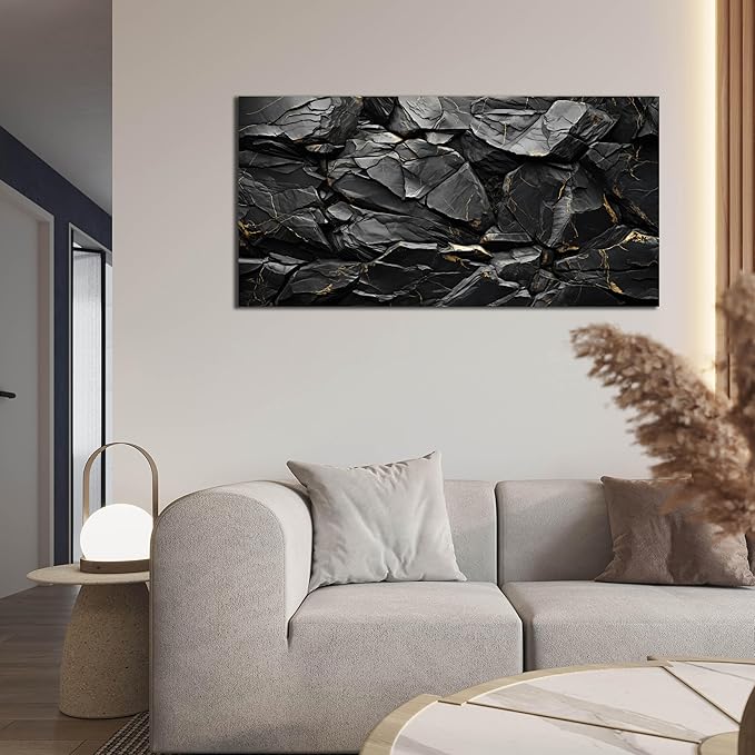 Black Stone with Golden Veins Canvas Wall Art for Living Room, Smooth Flat Rocks Picture Wall-Decor for Bedroom, Canvas Printed Artwork Decoration for Office, Size 40x20 Inches (Not 3D or Textured)