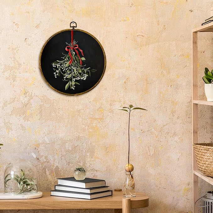 CUANFDDSF Vintage Christmas Mistletoe Round Wall Art Decor, Xmas Holiday Red Bow Mistletoe Botanical Wall Hanging Frame Decor, Elegant Christmas Canvas Prints Decorations for Home Bedroom, 10x10 Inch