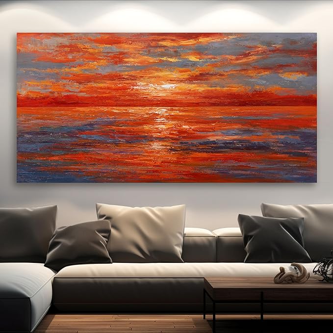 Abstract Wall Art Ocean Red Sunset Canvas Painting Abstract Wall Decor for Living Room Bedroom Home Decorations Modern Stretched and Framed Artwork 20x40 inch