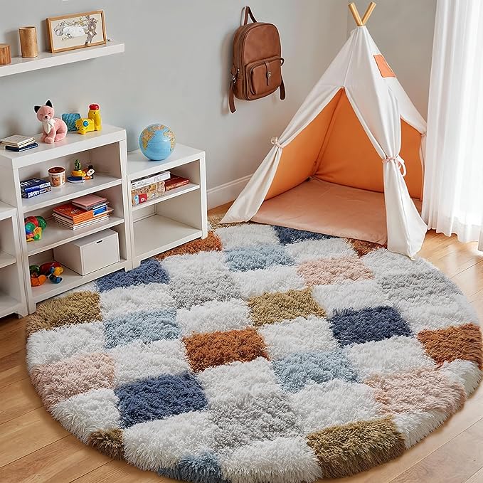 Checkered Rug 4x4 for Living Room, Modern Rainbow Shag Rug Super Soft Washable Indoor Fuzzy Carpet Non-Slip Fluffy Rugs for Bedroom Home Aesthetic Decor