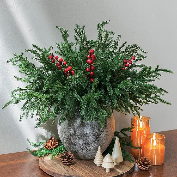 Artificial Faux Christmas Norfolk Pine Stems Branches for Vases,12 Bundles Fake Evergreen Real Touch Greenery Stem with 3 PCS Red Berry Branches for Xmas Holiday Winter Table Indoor Decor
