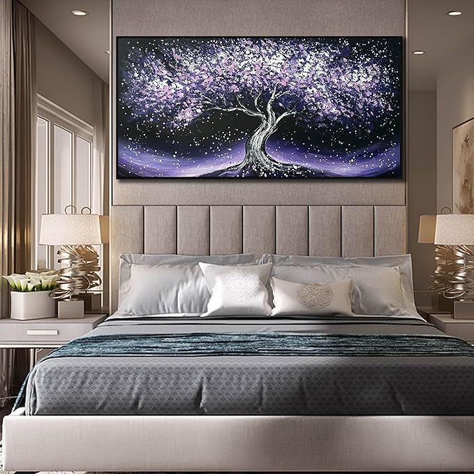 Purple Tree Hand Painted Wall Decor for Living Room - Modern Canvas Wall Art for Bedroom - Black Large Framed Wall Art Size 29" x 59"