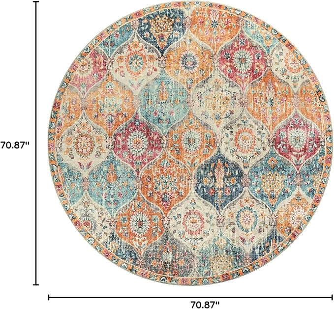 Lahome Moroccan Trellis Washable Round Area Rug, Soft Round Rugs 6ft Ultra-Thin Non-Slip, Vintage Large Circle Carpet for Bedroom Living Room Kitchen Nursery, Cream/Multi