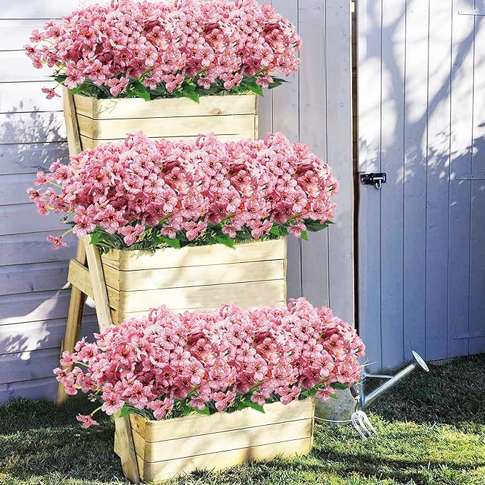 Uieke 72 Bundles Artificial Flowers for Outdoors UV Resistant Fake Silk Flowers No Fade Greenery Shrubs Plants for Outside Planter Home Garden Porch Window Box Spring Summer Décor (Pink)