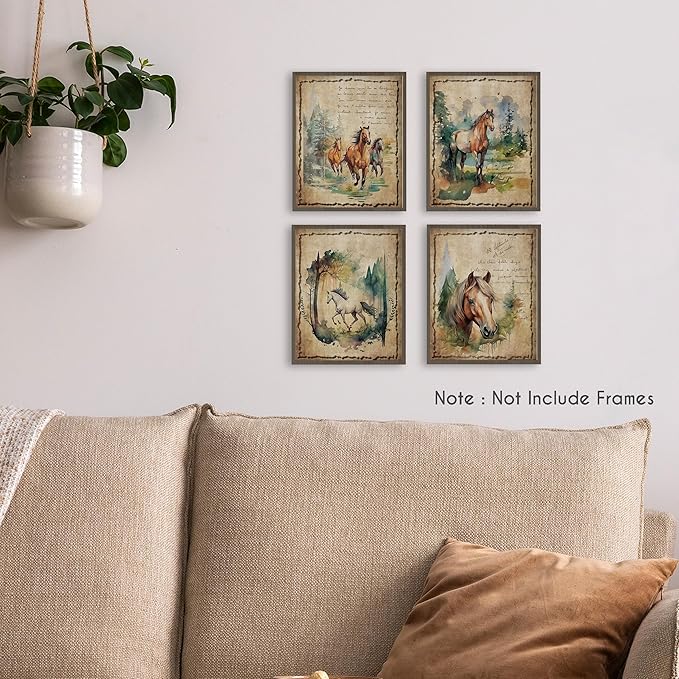 HRQKO Vintage Retro Horse Wall Art Poster Prints Set of 4, Watercolor Wildlife Animals Horse Pictures Printing Posters Wall Decor, Colorful Woodland Prints for Bathroom Living Room 8”x10” Unframed