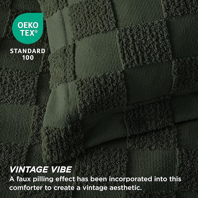 Bedsure Full Size Comforter Set Dark Olive Green, Boho Tufted Bed Set, Checkered Farmhouse Shabby Chic Bedding, 3 Pieces, 1 Plaid Geometric Comforter and 2 Pillow Shams