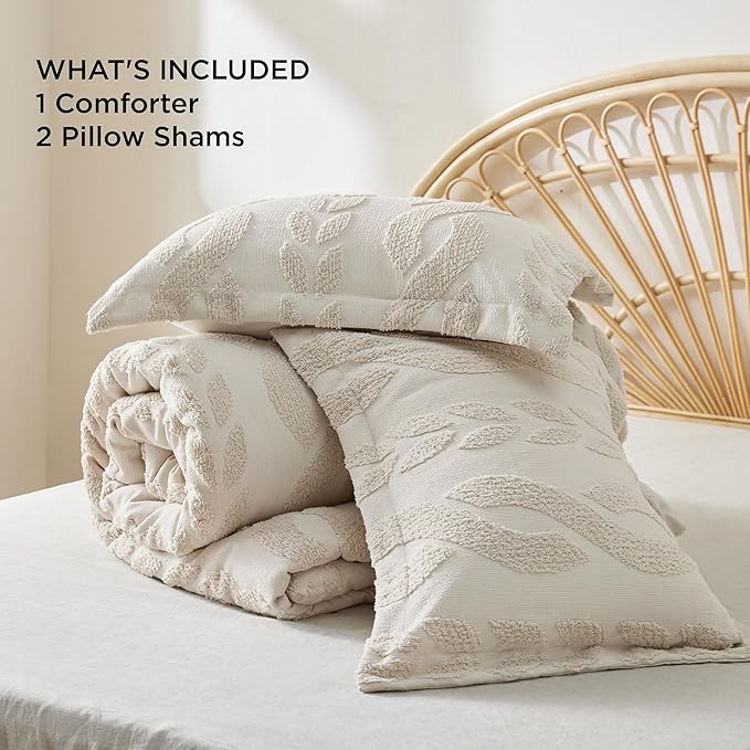 Bedsure Queen Size Comforter Set Beige, Boho Tufted Bed Set, Farmhouse Jacquard Cable Knit Pattern Bedding, 3 Pieces, 1 Shabby Chic Fluffy Comforter & 2 Pillow Shams