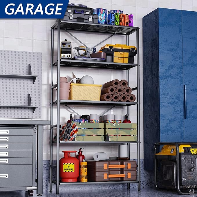 5-Tier Heavy Duty Garage Shelving Unit,Standing Storage Shelf,Metal Wire Rack Shelf Suitable for Laundry Rooms,Bathrooms,Kitchen Storage Rooms,Wardrobes(Black,37.8L x 14W x 65.7H)