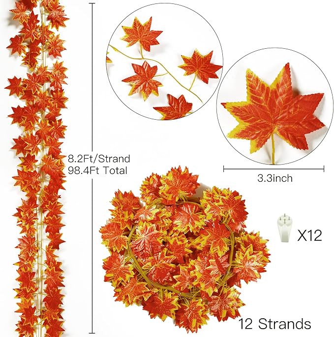 Sggvecsy 12 Pack 92Ft Fall Leaf Garland Artificial Maple Leaves Silk Autumn Hanging Vines Red Ivy Garland for Thanksgiving Home Wedding Party Garden Fireplace Christmas Decor
