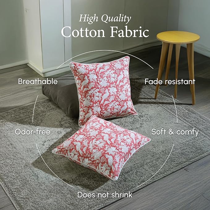 CPC 100% Cotton Throw Pillow Covers 24x24 Inch, Set of 2 Red Block Print Pattern Couch Pillow, Cute Boho Decorative Pillows for Living Room, Bedroom with Hidden Zipper- Coral Pink