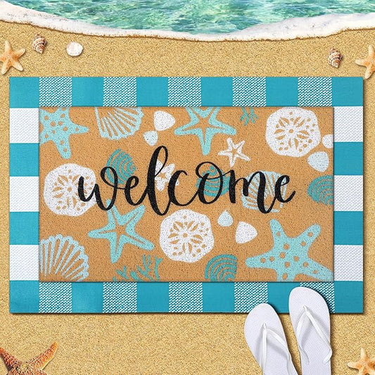 2 Pcs Summer Door Mat Beach Welcome Non Slip Coir Mats Sea Style Starfish Seashells Ocean Buffalo Plaid Floor Layering Doormats Seasonal for Front Porch Entryway Decor(Summer Beach)
