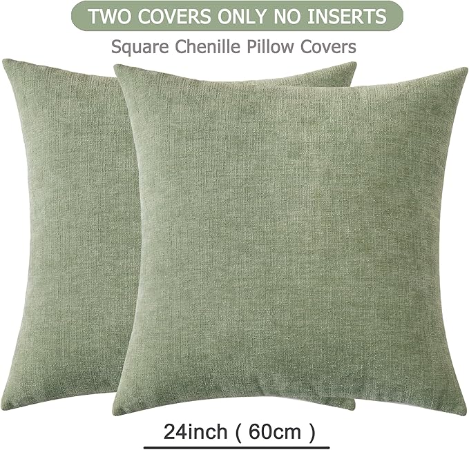 GAWAMAY Decorative Chenille Throw Pillow Covers 24x24 Inch Pack of 2, Soft Square Couch Pillow Cover for Sofa Cushion Living Room Bedroom Solid Dyed Pillowcases Sage Green 60x60cm (ONLY Covers)