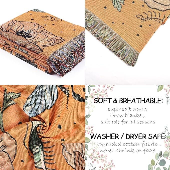 Boho Throw Blanket Reversible Cotton Bohemian Tapestry Hippie Room Decor Double Sided (Boho Bee Yelow 50"x60")